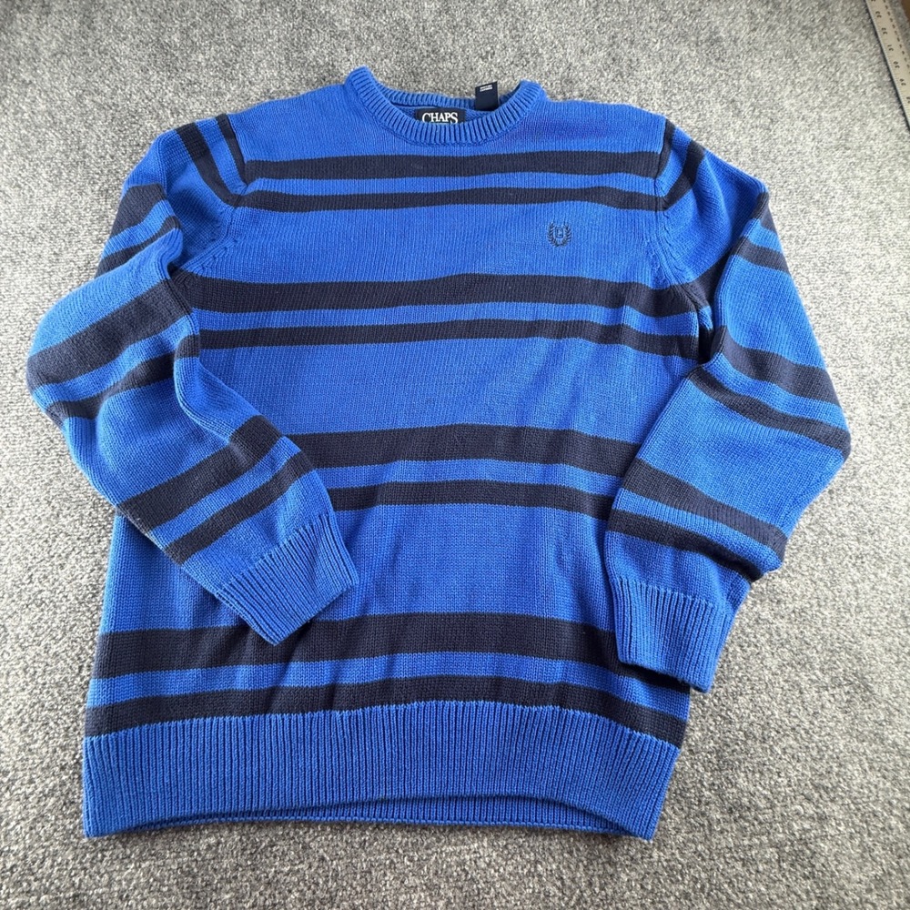Chaps Mens Blue Navy Striped Crewneck Knit Sweater Medium Laurel Wreath Logo